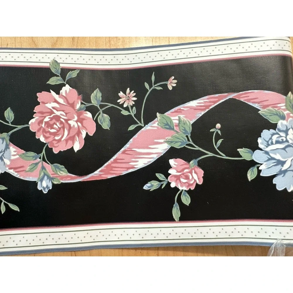 Imperial Vintage Floral Wallpaper Border Pink Blue Black Roses 15ft WB3032 NOS